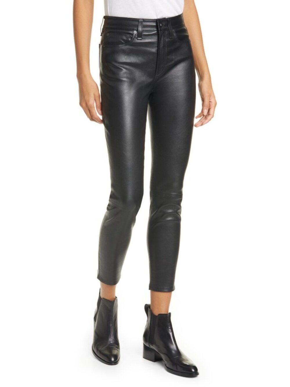 NWT rag & bone Nina High Rise Ankle in Black Stretch Leather Skinny Pants 25